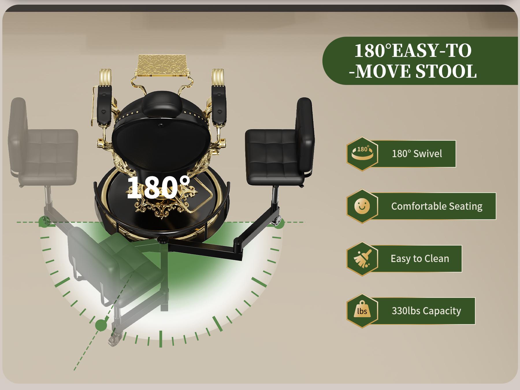 Baasha Innovative Rolling Stool Attachment for Barber Chair | Height-Adjustable Stylist Stool with Backrest | 180° Swivel Ergonomic Salon Tool for 520mm-680mm Bases | Reduce Back & Leg Strain | Accessory ONLY - Gold Chair NOT Included