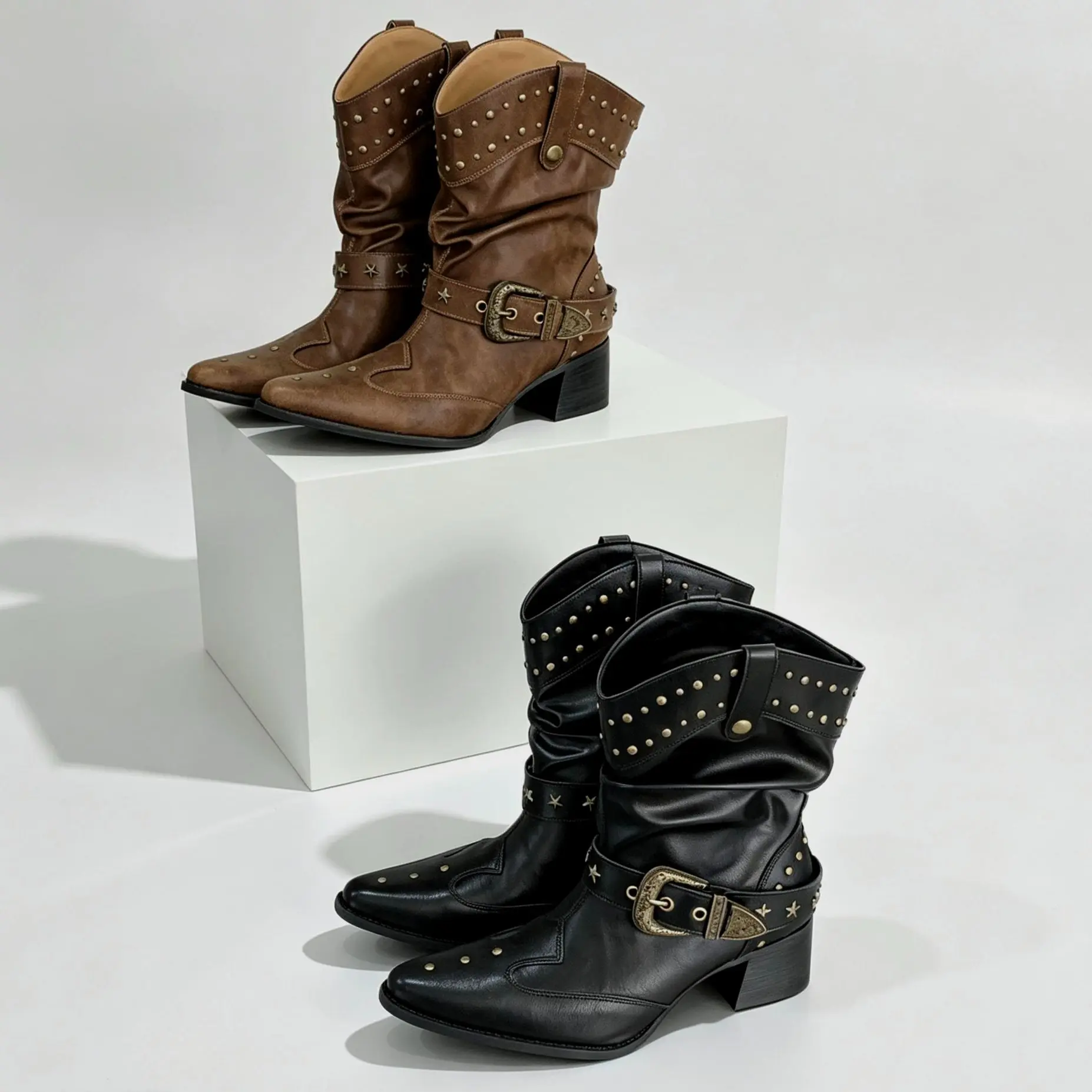 Women's Western Mid-Calf Cowboy Boots - Pointed-Toe Block Heel Footwear, Waterproof Leather Upper, Easy-to-Clean, Metal Dot Shaft Detailing, Star-Studded Belt Accents, Slim Fit Walking Shoes for Street Walks, Gatherings