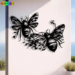 1pc Cute Bumblebee with Flowers Metal Wall Art, Cute Bumblebee with Flowers Statue Mural, Iron Craft, Perfect for Living Room, Garden, Indoor/Outdoor Decor, Intricate Craftsmanship, Artistic Metalwork, Valentine's Decor, Ideal Gift for Nature Lovers