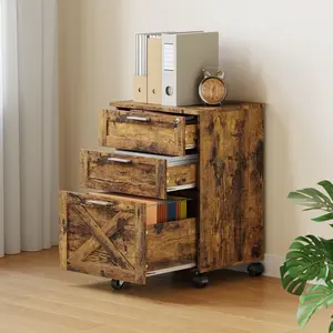 3 Drawer Mobile Wooden File Cabinet with Lock - Under Desk Rolling Filing Cabinet for Letter/Legal/A4 Files, Home Office Storage Organizer with Wheels,Retro