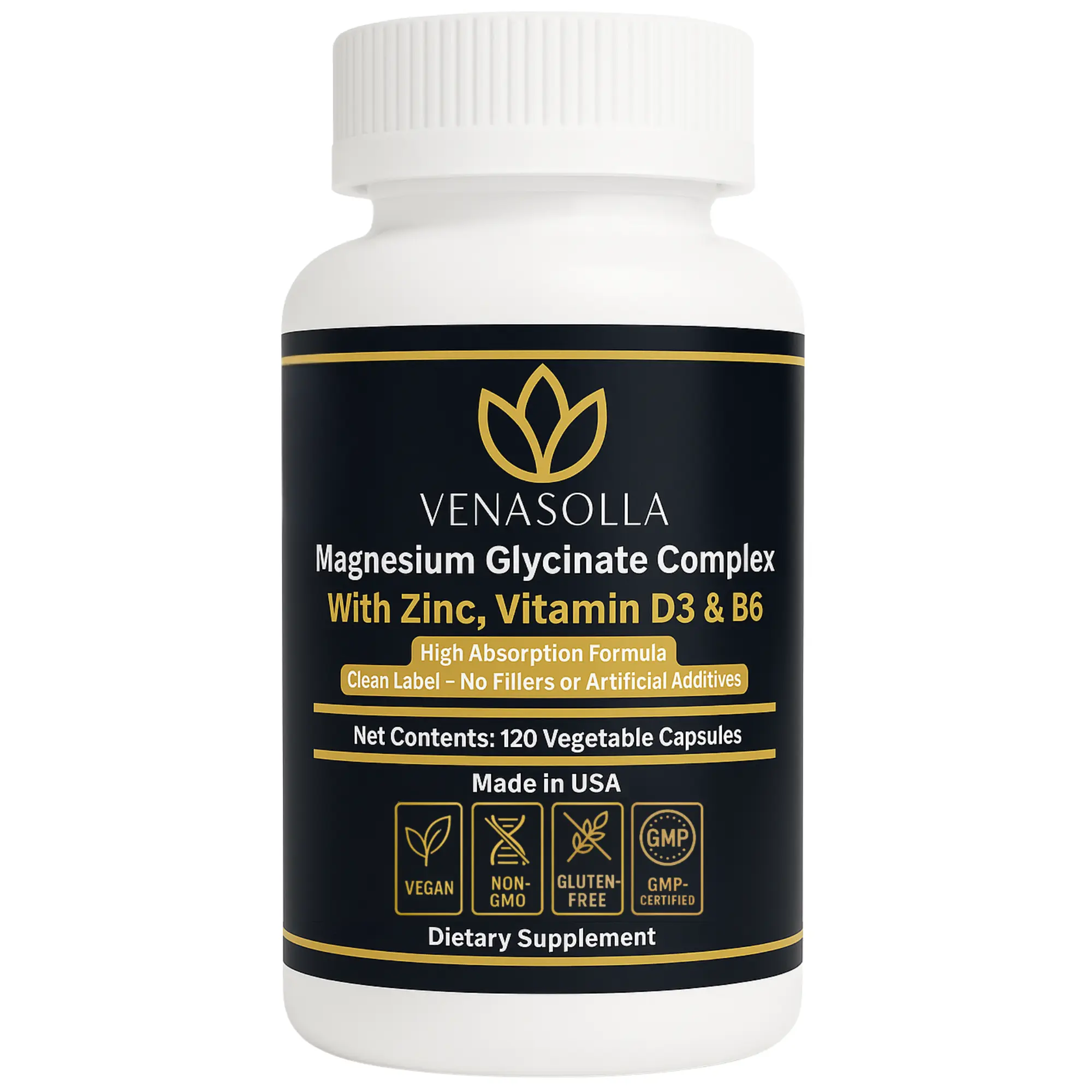 Magnesium Glycinate Complex 4-in-1 - Chelated Magnesium Bisglycinate (150 mg Elemental) with Zinc Picolinate, Vitamin D3 & B6 - 120 Vegan Capsules, Non-GMO - Men & Women