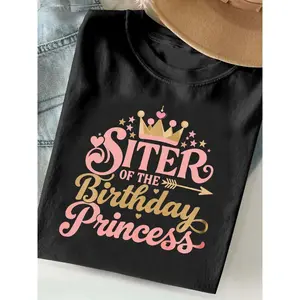 Womens Short Sleeve Graphic Tee Sister of the Birthday Princess Crown Hearts Stars Party Outfit Soft Crewneck Casual Top for Family Celebration Mothers Day