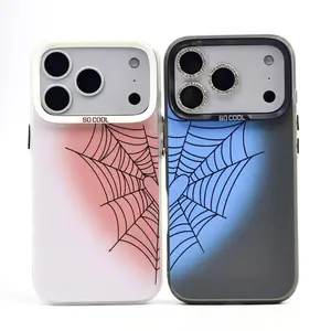 Spider Web Couple Phone Case Compatible with iPhone 17, 16, 15, 14, 13, 12, 11 Pink-Blue Gradient Heart Design Cute Halloween Gift Couple Phone Case