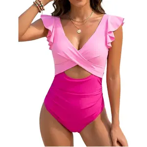 One Piece Swimsuits for Women Ruffle Sleeve V Neck Bathing Suit Tummy Control Cutout Monokini Slimming Swimwear