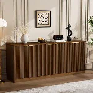67-inch modern wavy sideboard, curved contour design storage cabinet, 6-door cabinet with storage function, suitable for kitchen / bedroom / living room, Walnut, 67.0"L x 15.7"W x 27.7"H
