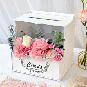 Wooden Wedding Card Box with Flower Trough, White  Card Box for Wedding with  Board, Weddings Cards Boxes for Reception Graduation Birthday Party Bridal  Shower Decorations