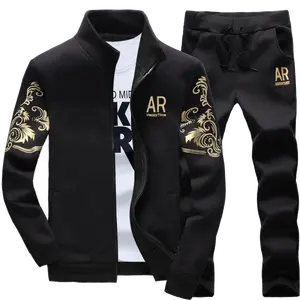 Men’s black and gold print stand collar athletic set featuring a zip front jacket and drawstring long pants—two piece spring casual outfit that is comfortable and breathable; men’s everyday fitness streetwear style, black and gold trendy design.