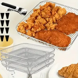 3 Pack Square Stackable Air Fryer Racks with 8 Silicone Feet 1 Anti-Scald Clip Multi-Layer Stainless Steel Dehydrator Rack Air Fryer Accessories for Baking Cooking Drainage Basket Food Frying Filter Tray