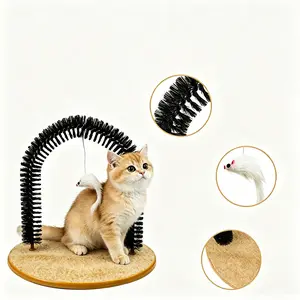 Multifunctional Cat Arch Self Groomer - Dense Nylon Bristles, Soft Fleece Carpet Base, Hanging Plush Mouse Toy - Self Massage, Shedding Removal for Indoor Cats