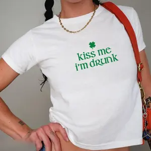 Kiss Me I'M Drunk Women'S Baby Tee Funny St. Patrick's Day Fitted 90S Style Y2K Trendy Retro Irish Shirt St. Paddys Day Lucky Clover(1)