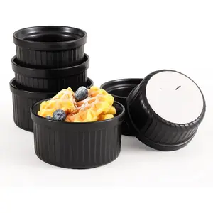 Ramekins Black, 4 oz 6 count Ceramic Baking Ramekin Set of 6 Stoneware Bakeware Serving for Sauces Dipping Onion Soup Lava Cake Flan Creme Brulee Kit Pudding Mini Custard Ramekins Oven Safe Mini Custard Cups small Bowls for Souffle