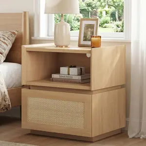Sikaic Modular Rattan Nightstand with Open Compartment and Drawer, Stackable Storage Drawers, Combinable Bedside Table, Wooden Side Table, Multi-Purpose Storage Cabinet for Bedroom, Living Room, Entryway, Natural Oak