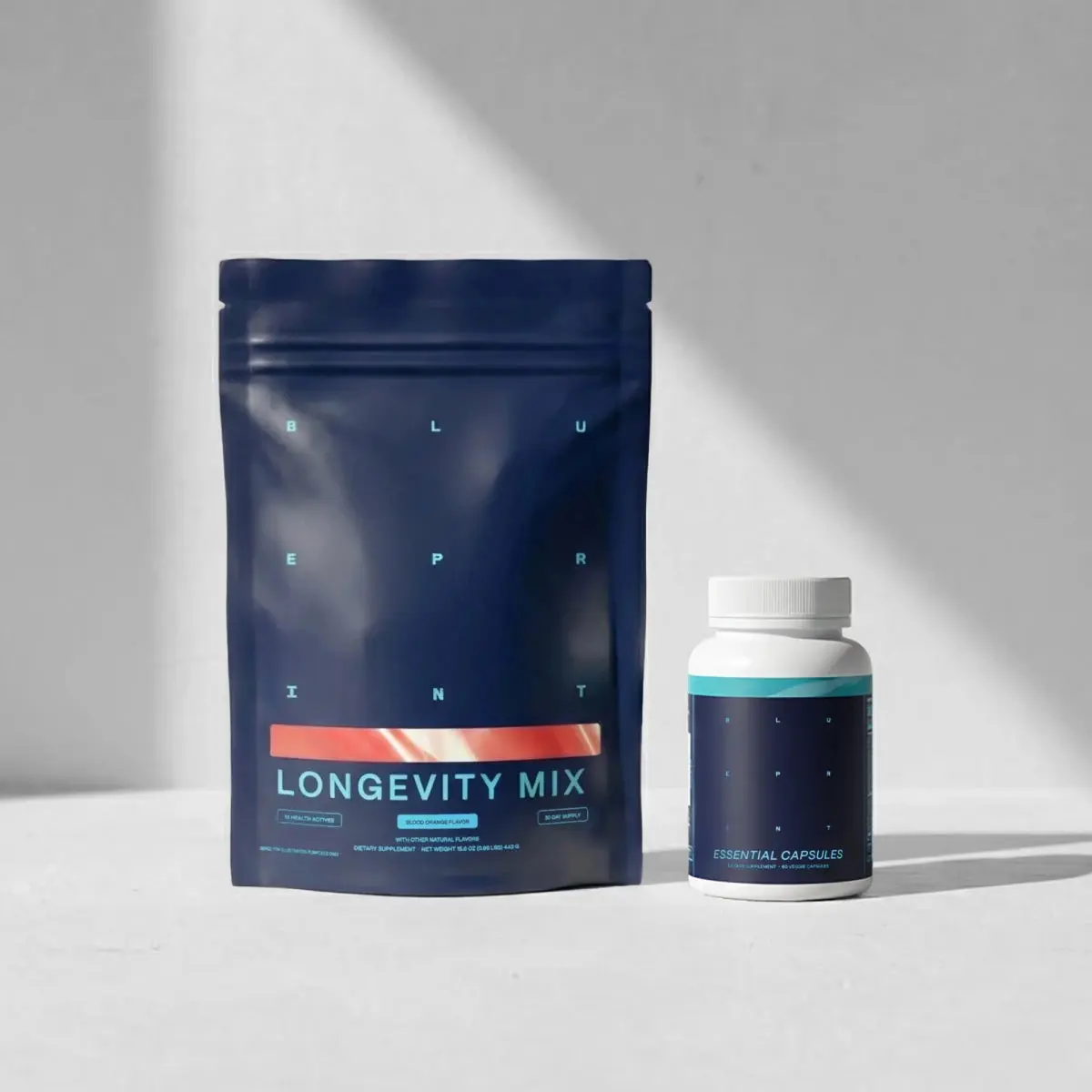 Blueprint Easy Stack Longevity Mix + Essential Capsules Supplement Stack - GMO-Free, Dairy-Free Dietary Supplement with Magnesium Glycinate, L-Theanine, Zinc, Vitamin C, Creatine Monohydrate, Nicotinamide Riboside, Metabolism, Brain & Gut Support