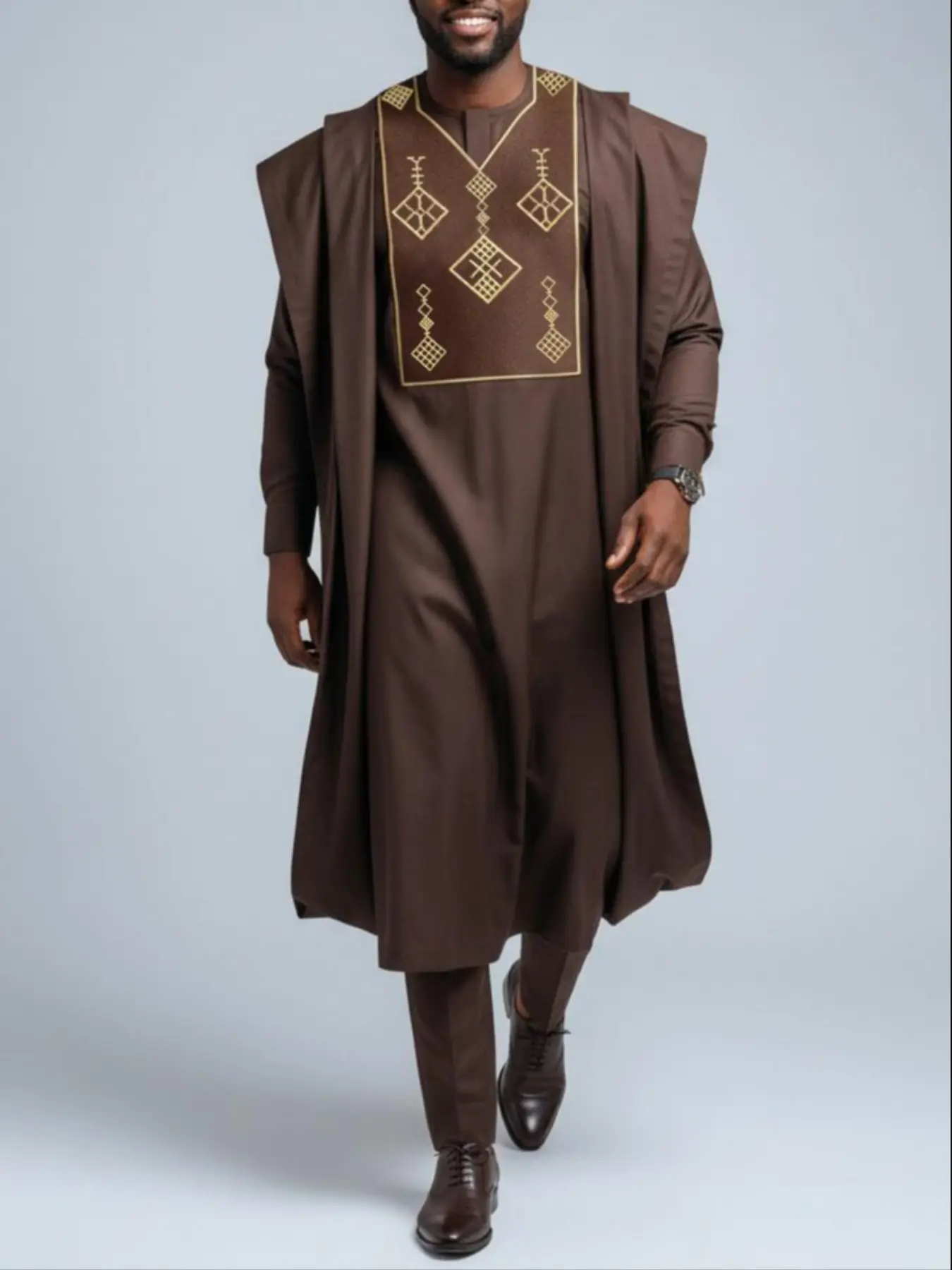 Men's Agbada Set 3-Piece, Traditional Embroidered Pattern, Round Neck, Button Front, Pockets, Robe + Shirt + Pants, Loose Fit, Oversize, Classic, Party Wear