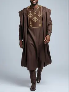 Men's Agbada Set 3-Piece, Embroidered Pattern, Round Neck, Button Front, Pockets, Robe + Shirt + Pants, Loose Fit, Party Wear