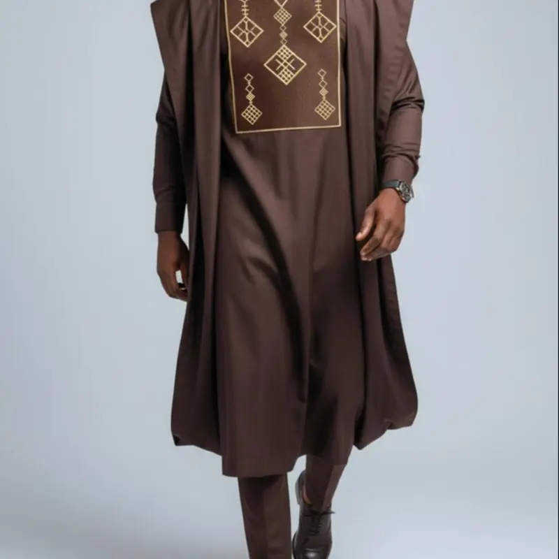 Men's Agbada Set 3-Piece, Traditional Embroidered Pattern, Round Neck, Button Front, Pockets, Robe + Shirt + Pants, Loose Fit, Oversize, Classic, Party Wear