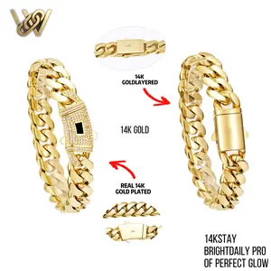 Quick Vault Premium 14K Gold-Plated Cuban Link Bracelet – Waterproof, Tarnish-Resistant Monaco Chain for Men and Women, Highly Polished Summer Beach Jewelry Gift (6 mm–14 mm, 7.5″/8.5″)