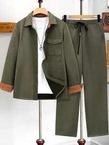 Men's Casual Two-Piece Set, Long Sleeve Shirt & Drawstring Pants, Regular Fit, Woven Fabric, Fall Winter