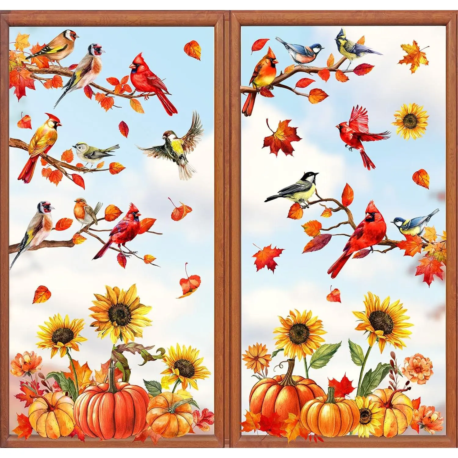 9 Sheets Fall Window Clings Branch Bird Pumpkin Sunflower Window Stickers Double-Sided Glass  for Autumn Thanksgiving  Classroom Office Party Decoration