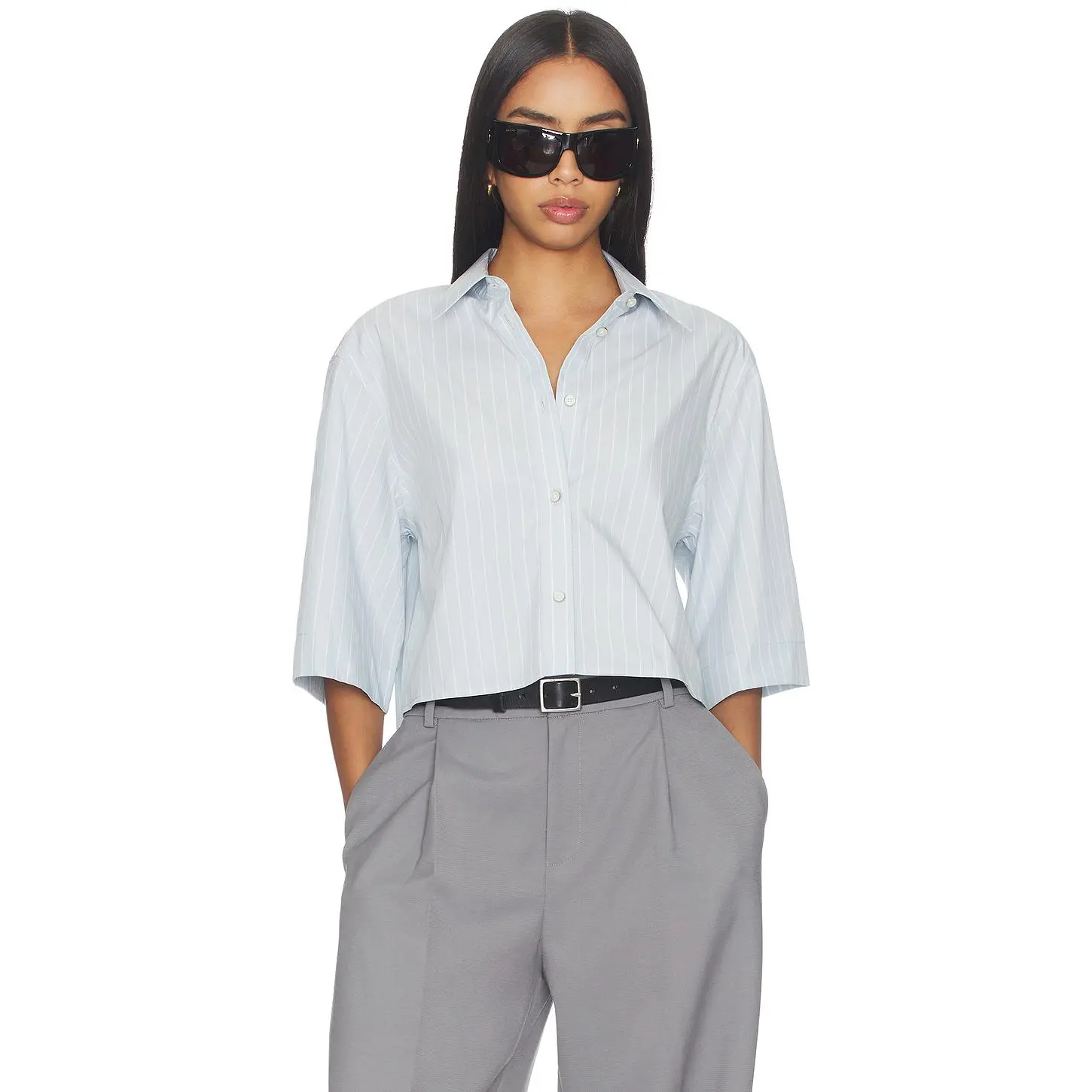 Helmut Lang Crop Trench Shirt in Light Blue Multi