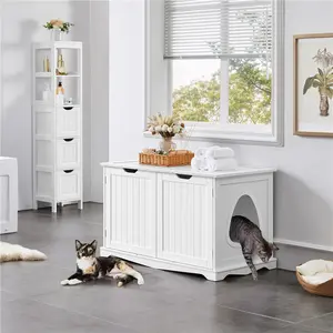 【2 Doors Classic】Yaheetech Cat Litter Box Enclosure, Hidden Cat Litter Box Furniture, Washroom Storage Bench with Divider, Wooden Structure Litter Box, Pet Litter Box Side Table with Partition, Spacious Storage Space