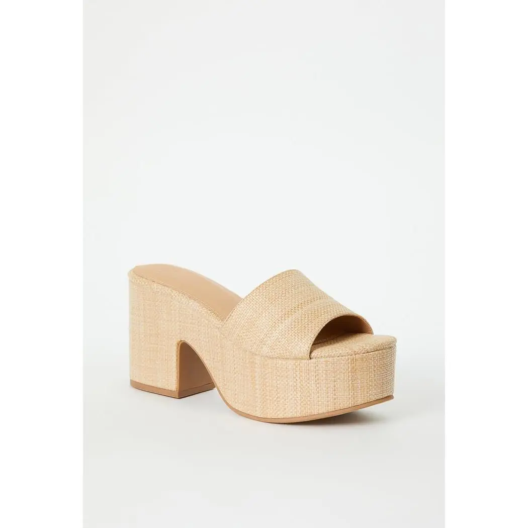 JUSTFAB Women's Woven Natural Raffia Platform Mules | Slip On 3.5" Chunky Block Heel Sandals with an Open Square Toe, Footwear, Women's Fashion, Classy, Elegant, Farmers Markets, Chunky Heel, Open Toe, Boho Style Outfit