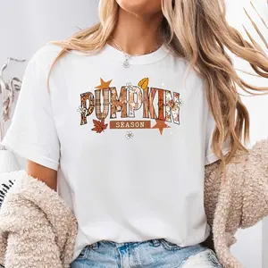 Pumpkin Season Floral Leaf Print, Neck Drop Shoulder T-Shirt, Autumn Fall Festival Theme, Casual Daily Wear