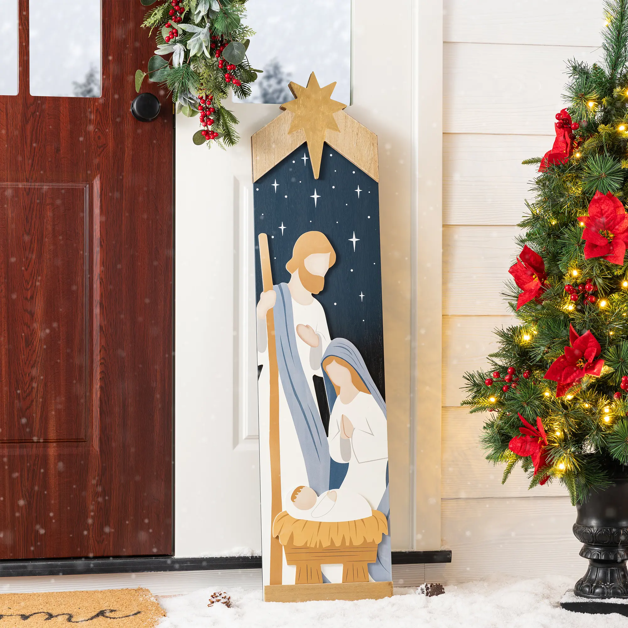 【Christmas in July】 Glitzhome 42"H Christmas Double Sided Nativity Porch Leaner