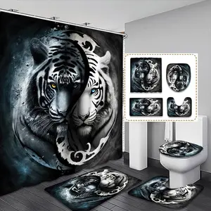 Tiger Pattern Bathroom Decorations, 1 Set Shower Curtain & Toilet Lid Cover & Floor Mat & Toilet Lid Cover, Shower Curtain Sets, Bathroom Accessories for Home Decor
