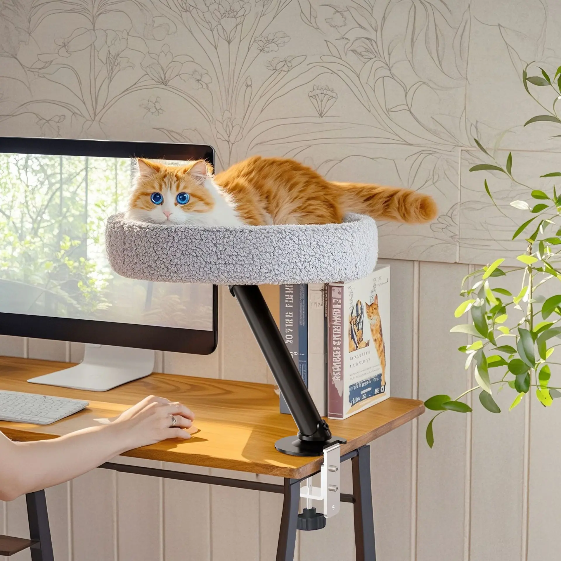 Adjustable Cat Desk Bed - Rotating Elevated Cat Perch With Wooden Platform For Office & Small Spaces