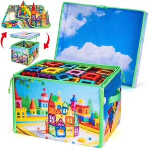 2-in-1 Foldable Toy Storage Box & Play Mat, Magnetic Tiles Organizer Bin for Kids Room, Building Blocks Storage, Box Only