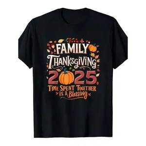 Family Thanksgiving 2025 Matching T-Shirts - Vintage Autumn Graphic Tee With Pumpkins, Leaves - Black Crew Neck Casual Shirts For Thanksgiving Dinner, Family Gatherings - Unisex Adult Sizes - Coo
