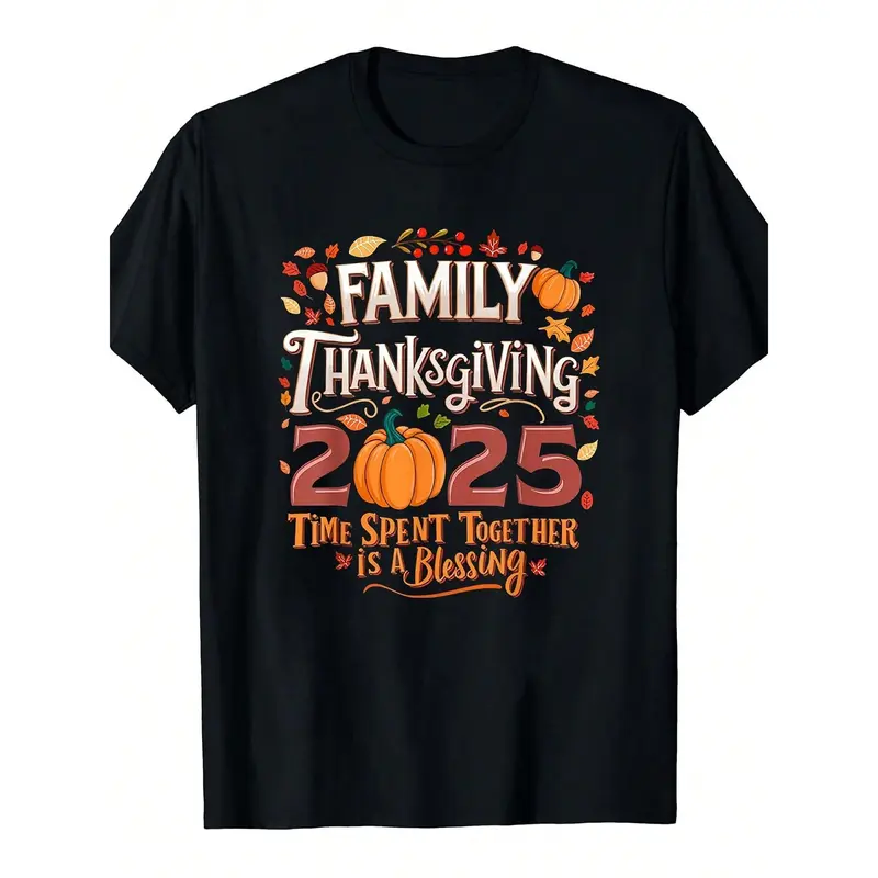 Family Thanksgiving 2025 Matching T-Shirts - Vintage Autumn Graphic Tee With Pumpkins, Leaves - Black Crew Neck Casual Shirts For Thanksgiving Dinner, Family Gatherings - Unisex Adult Sizes - Coo