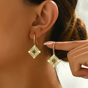 Lxalry Artisan Geometry Drop Earrings, Gold Alloy & Emerald Inlay Jewelry, Hypoallergenic Handmade Luxury for Everyday Elegance to Evening Glamour