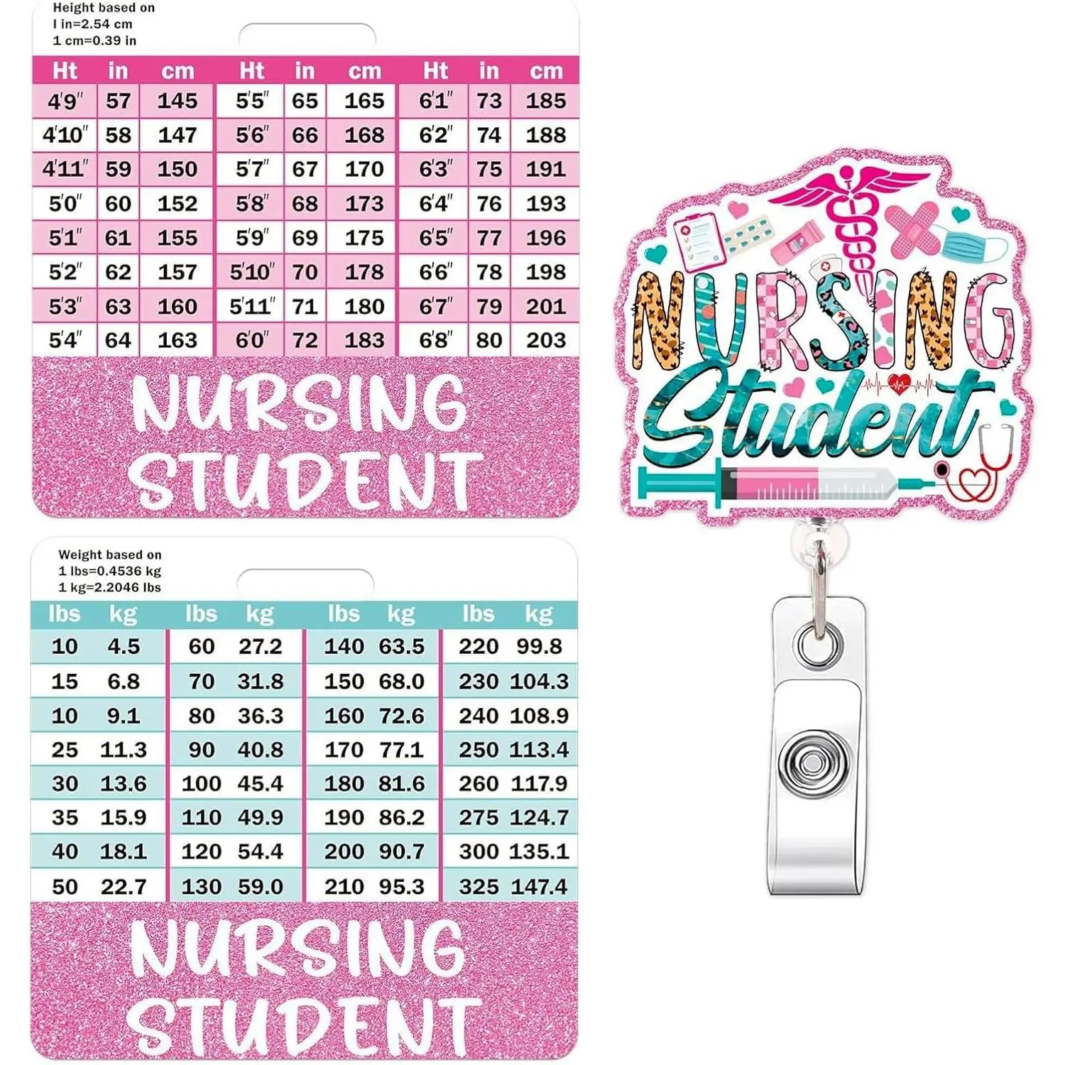 Student Badge Reel and Buddy,Badge Reel Retractable Badge Clip with w/Height & Weight Conversion Charts, Gifts for Nurse Student   Assistant Badge Accessories
