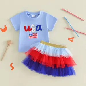 Baby Girl's 4th of July Two Piece Set Embroidered USA Short Sleeve Tee and Tiered Tulle Tutu Skirt Patriotic Toddler Outfit summervibes
