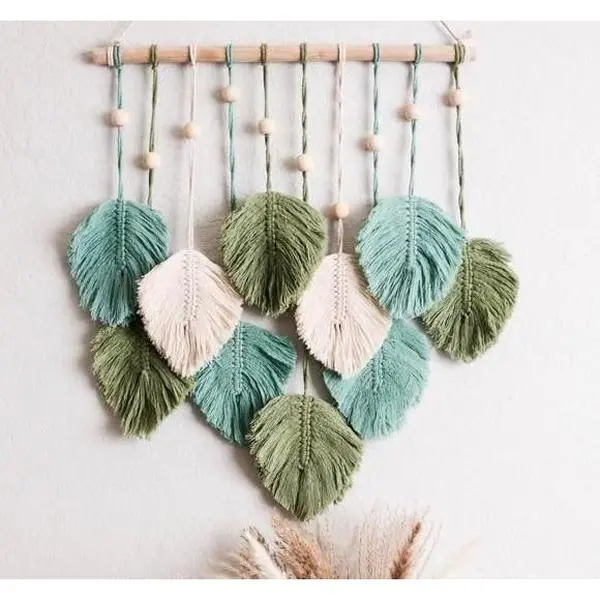 Macrame Wall Hanging Leaves - Large Chic Feather Boho Decor, Handmade Yarn Woven Art Leaf Tapestry for Nursery, Bedroom, Living Room, 17 X 22 Inch (Green, Sage Green & Beige)
