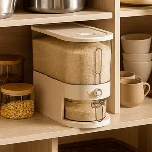 1 pc 11 lb rice dispenser, airtight food storage container with measuring cup for rice, coffee beans, cereals; BPA-free, moisture-proof kitchen container; creamy, transparent design; desiccant utensils; large capacity; one-touch dispensing