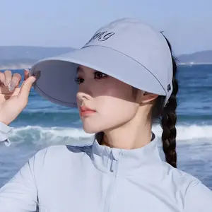 Fashionable Sun Protection Hat for Women Beige-White Large Brim Face-Covering Versatile for Outdoor Cycling Letter Embroidery