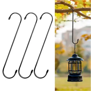 3 Pack 12 Inch Large S-Hooks for Hanging Plants, Black, Heavy-Duty Metal Hooks, for Hang Basket, Bird House, Clothes, Kitchenware