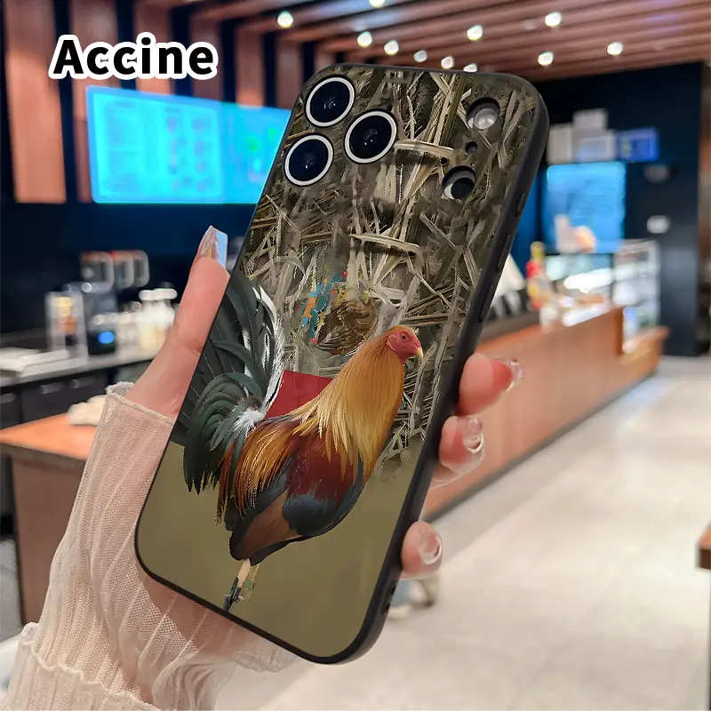 Straight Edge Durable Phone Case with Rooster in Reeds Pattern for iPhone 17,16,15,14 Pro Max,13,12,11,XR,XS Plus,Air,E - Anti-Scratch,Shockproof TPU Bumper,Drop-Proof Mobile Phone Protective Accessories