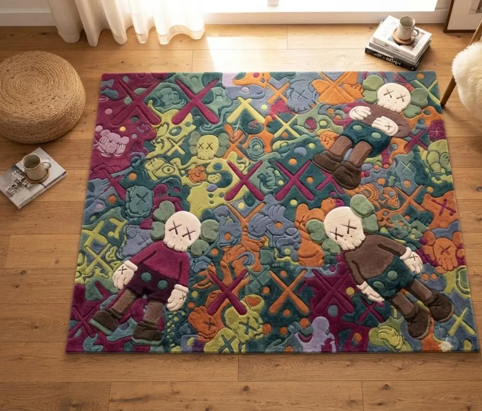 KAWS Inspired Large Colorful Hand-Tufted Wool Area Rug, Street Art Themed Pop Home Decor Carpet