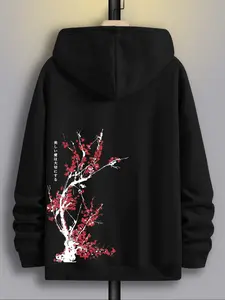 Men's Fleece Pullover Hoodie, Long Sleeve Fashion Floral Pattern Casual Hooded Sweatshirt with Pockets and Drawstring, Fall & Winter Outdoor Wear