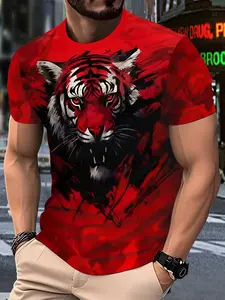 Men's Casual Trendy Fitted 3D Tiger Geometric Print Round Neck Short Sleeve T-Shirt, Casual Fashion Wear, Comfortable Versatile Streetwear, Perfect for Outdoor Activities