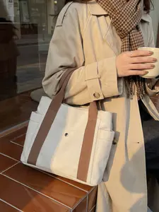 New Fashion Canvas Bucket Bag, Casual Plain Handbag for All Seasons, Versatile Shoulder & Carryall Commuter Bag