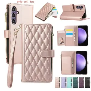 Crossbody Leather Necklace Rope Zipper Wallet Phone Case for Samsung S26 S25 Note 20 S24 S23 Ultra S22 S21 FE S20 Plus 10 Pro Cover