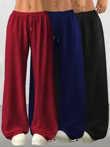 Women's Casual Loose-Fit Drawstring Pants, 3-Pack Plain Long Trousers, Comfortable Wide Leg Home Wear, Suitable for Spring Summer Fall