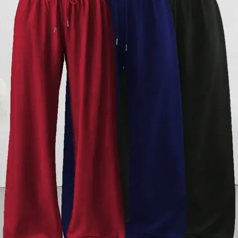 Women's Basic Casual Style Loose-Fit Adjustable Drawstring Pants, 3-Pack Plain Long Trousers Bottom, Comfortable Wide Leg Home Wear, Suitable for Spring Summer Fall, casual baggy trousers, Womenswear