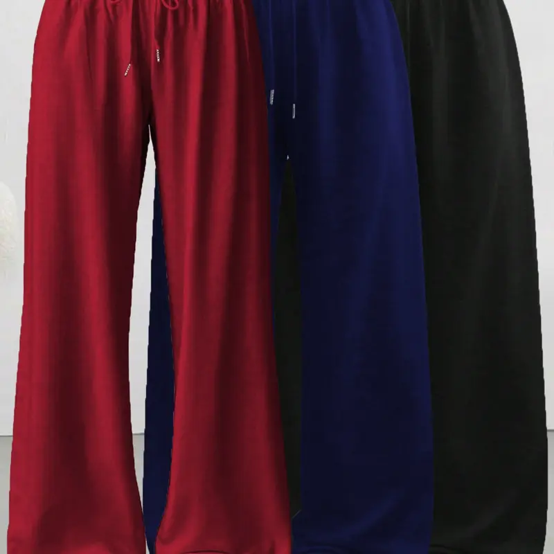 Women's Basic Casual Style Loose-Fit Adjustable Drawstring Pants, 3-Pack Plain Long Trousers Bottom, Comfortable Wide Leg Home Wear, Suitable for Spring Summer Fall, casual baggy trousers, Womenswear