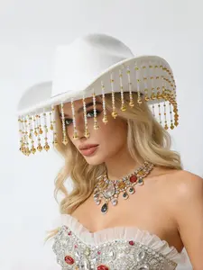 Shimmering Rhinestone Fringe Cowboy Hat, Elegant Western Style, Perfect for Parties and Weddings, Luxurious Large Brim, Wool Material